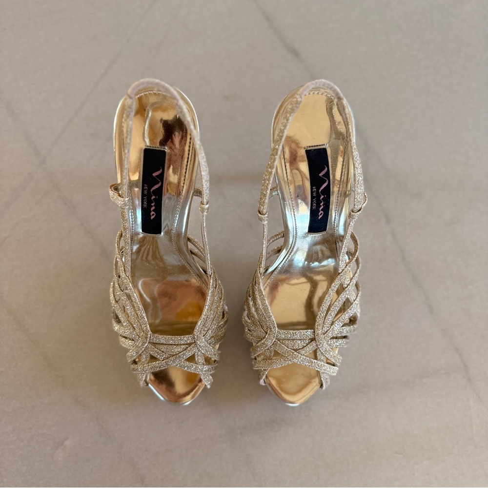 Nina Fonda Gold Glitter Strappy Platform Heels | Size 6 Slingback Dress Shoes - Picture 9 of 11